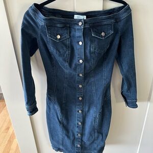 A.L.C. MIKA Dark Blue Denim Cotton Off-Shoulders Button Down MIDI Dress Size 4